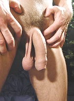 Thomas eats a peach while his uncut cock hangs out.