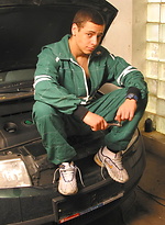 Horny mechanic is getting naked