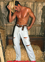 Marcello wearing cowboy hat oils his firm body and masturbates