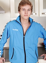Athletic Logan Lech masturbating in the kitchen.
